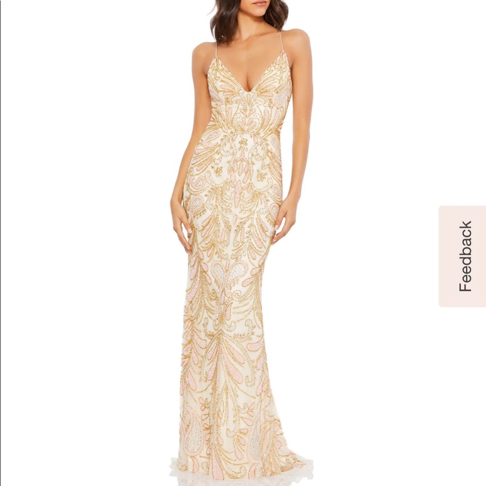 Mac Duggal Champagne Strappy Back Formal Gown